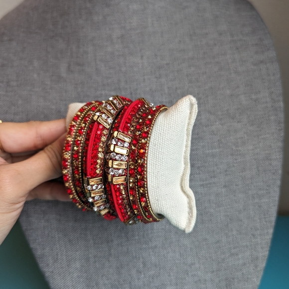 Hyderabad India Red Gold Glass Bangles 6pc - Picture 3 of 11